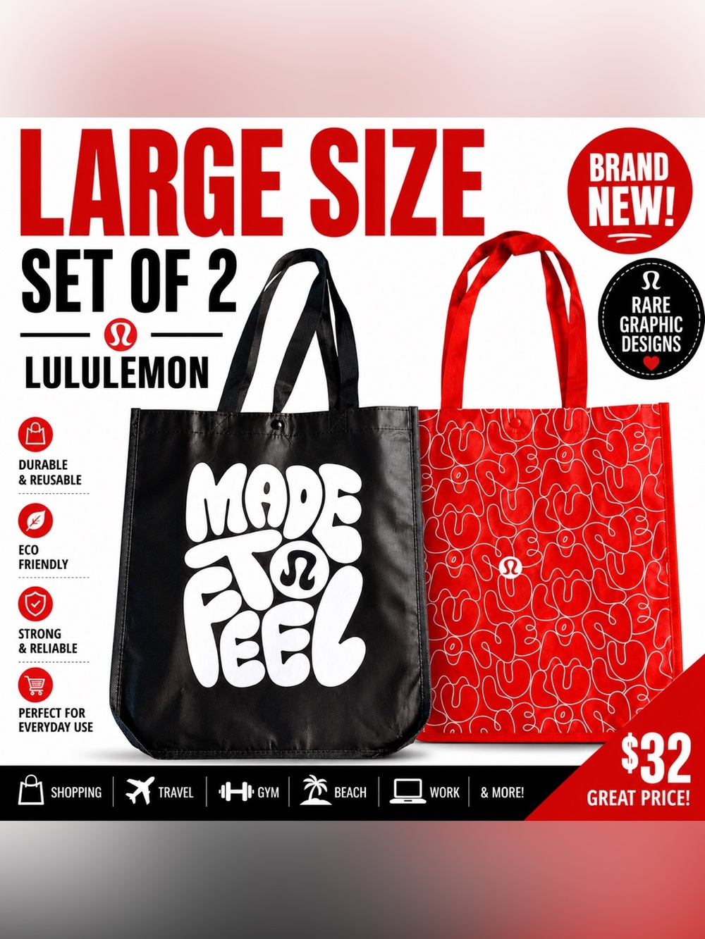 NEW Lululemon Large Reusable Tote Bags Set of 2 Rare Graphic Designs